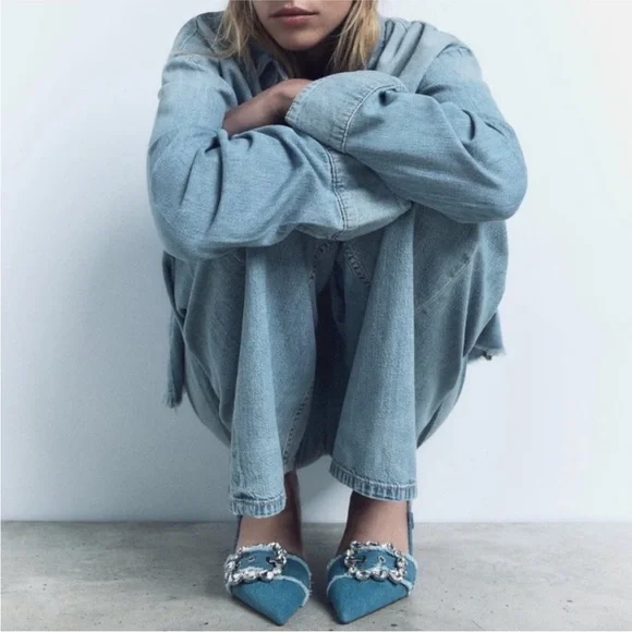 Women's Zara Denim Slingback Heels with Crystal Embellishment - Picture 6 of 12